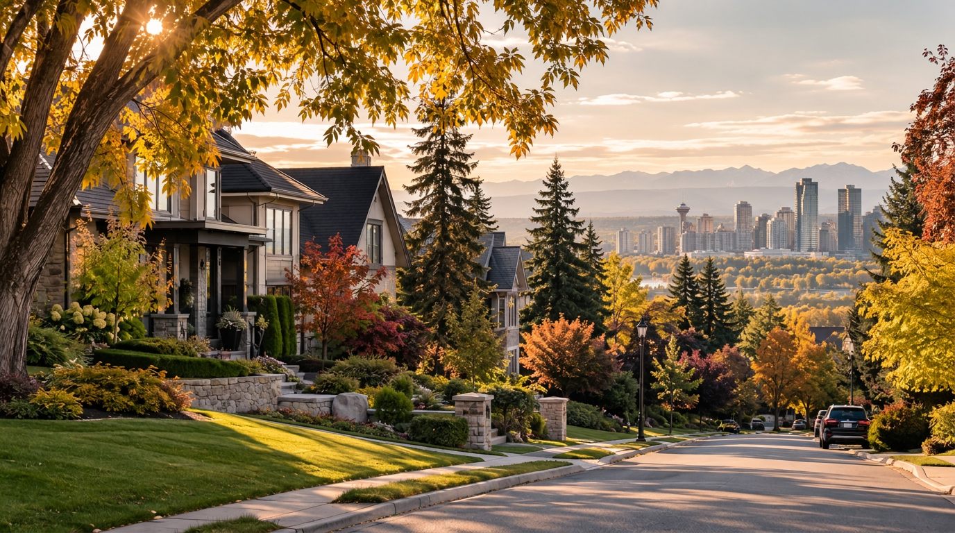 An established Calgary neighbourhood in autumn with mature trees and the skyline beyond
